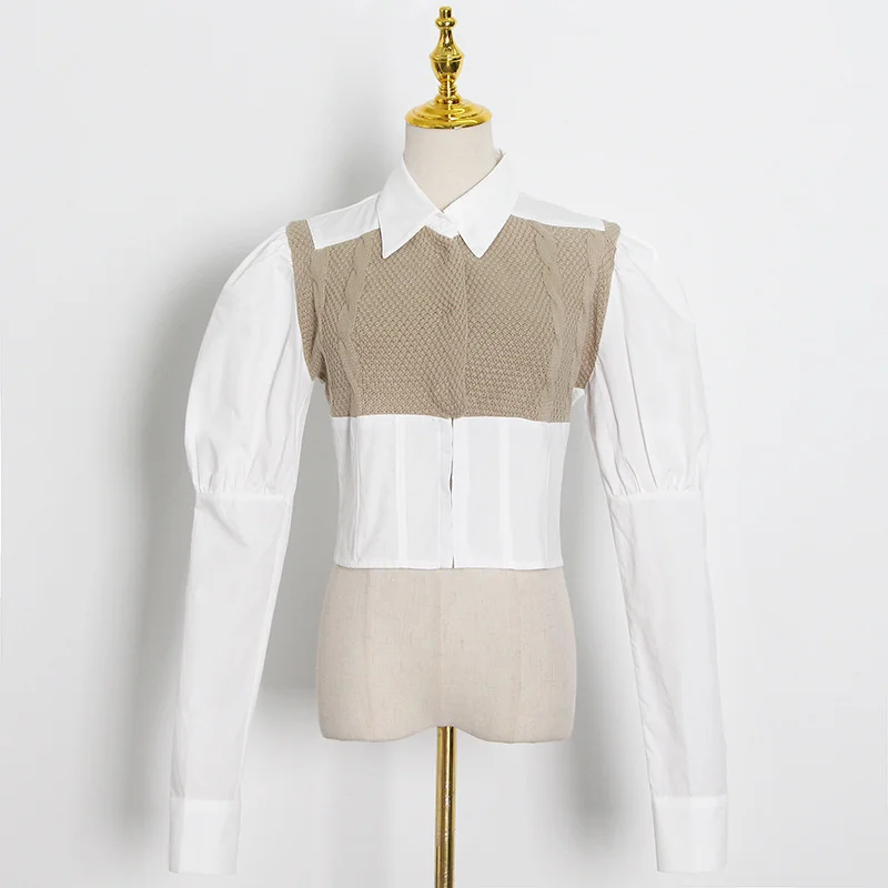 

Autumn 2020 new style fashion leisure temperament knitting wool stitching shirt puff sleeve shirt women's fashion