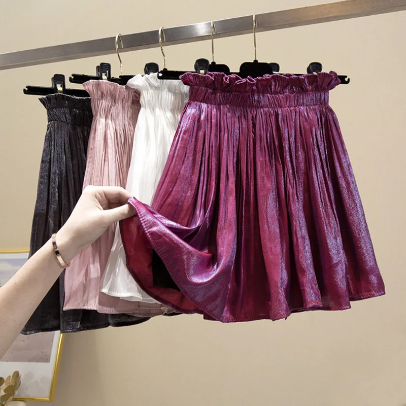 Летние блестящие шелковые короткие юбки скользящая Корейская мини юбка с
