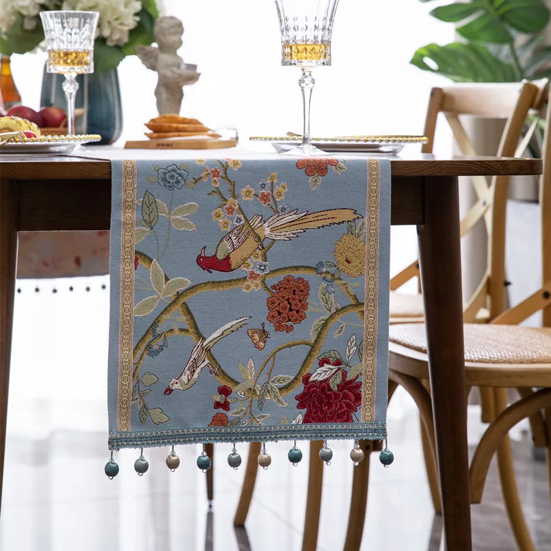 

Retro Jacquard Cloth Cover Bird Floral Beads Polyester Cotton Household Table Runner Coffee Table Tv Counter Bed Path
