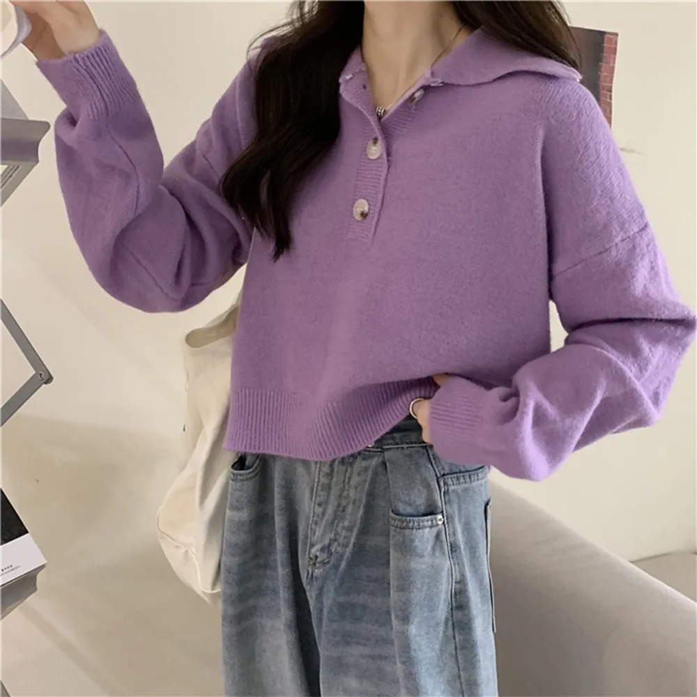 

Women Casual Lapel Neck Knitted Pullover Long Sleeve Loose Sweater Winter Spring Stylish Ins Female Chic Knitwear Korean Clothes