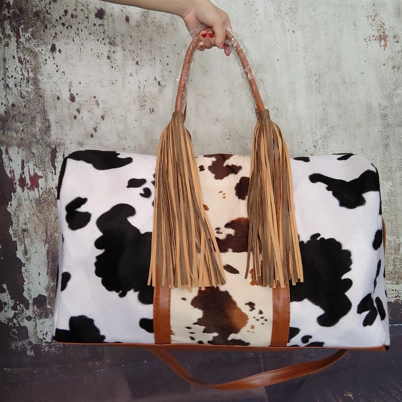 

Cow Print Women's Travel Luggage Bag Outdoor Gym Weekend Bags for Women Ladies Hand Tote Big Tassel Duffle Bag Sac De Voyage