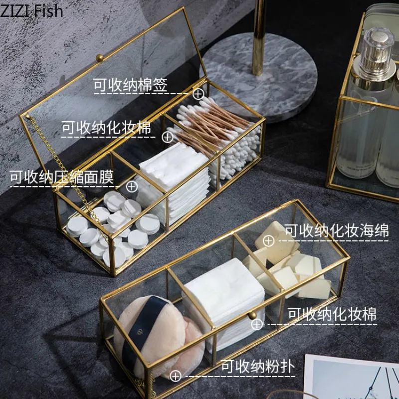 Стеклянная коробка для хранения косметики с медными краями губная помада маска