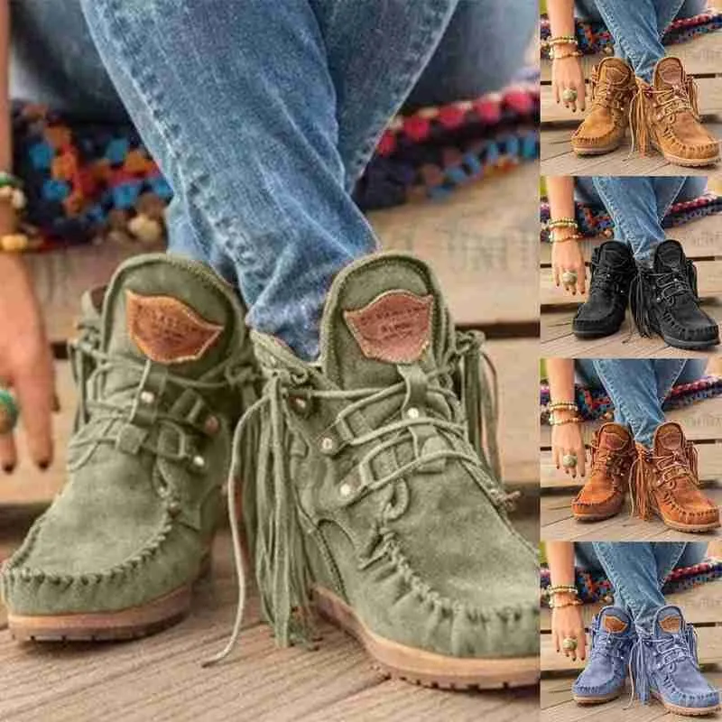 

New Women Ankle Short Boots Tassels Round Toe Buckle Strap Ethnic Fringer Tassel Style Warm Non-slip Boots Shoe Warm Botas Mujer