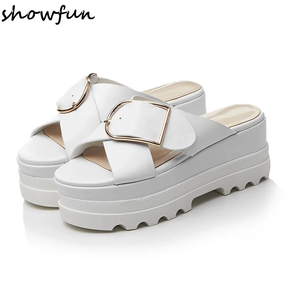 

Women's genuine leather thick sole platform flats sandals metal buckle cross strap thick sole casual summer beach sandals shoes