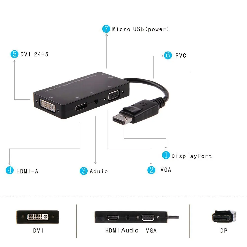 Аудиоадаптер 4 в 1 DP/HDMI VGA DVI переходник DP/VGA DisplayPort/DVI со звуком для Xbox PS5 Mac Book Pro Air