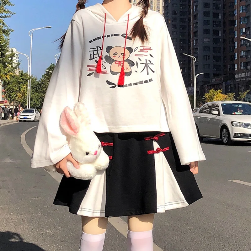 

Cute Cartoons Printed Sweatshirt Girl Harajuku Streetwear Tops All-Match Short Skirt Suit Summer 2021 Loose Pullover 2-Piece Set