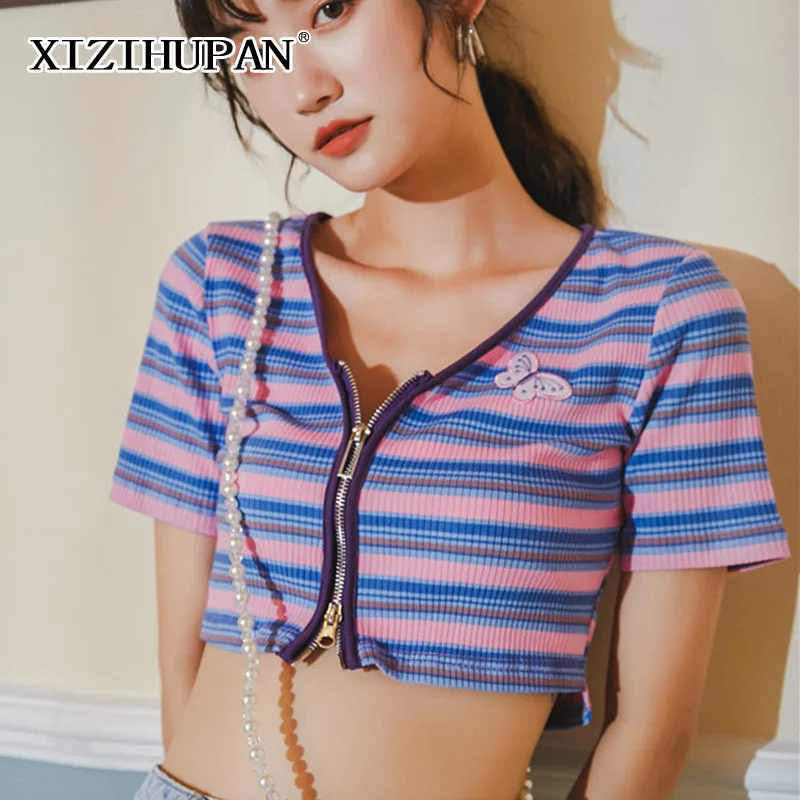 

XIZIHUPAN Vintage Striped T Shirt For Women V Neck Short Sleeve Embroidery Sexy T Shirts Female Summer Fashion New 2021 Tide