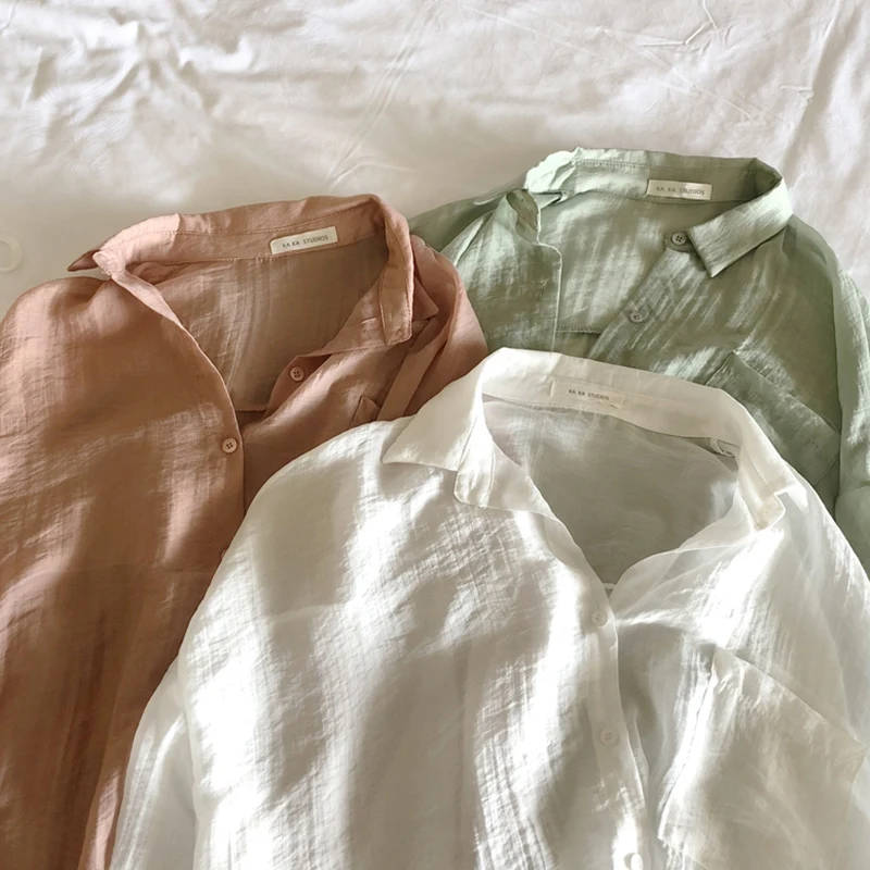 

Women Thin Sunscreen Shirts Loose Casual Solid Shirt Fashion Wild Lapel Long Sleeve Blouse With Pockets