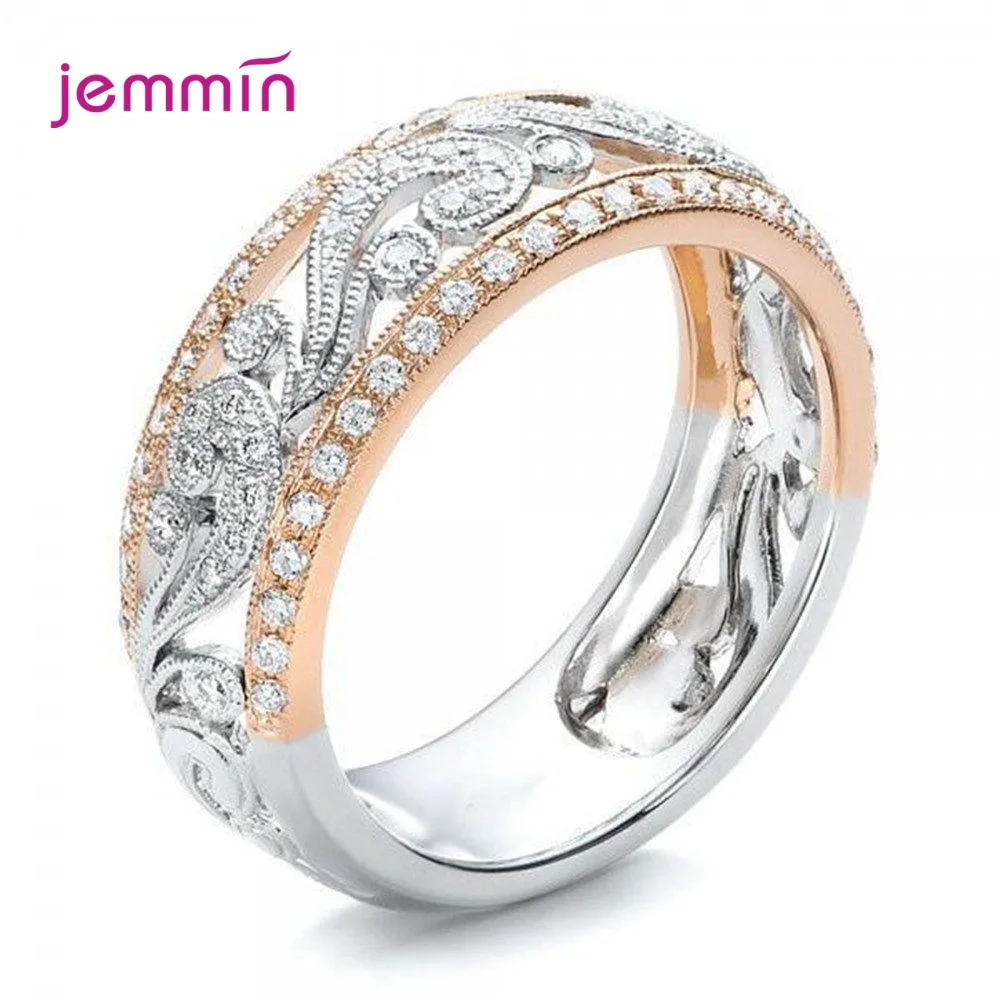 

New Design Hollow Flower Pattern Rings For Women Luxury 925 Sterling Silver Gold Two Tone Cubic Zirconia Wedding Jewelry