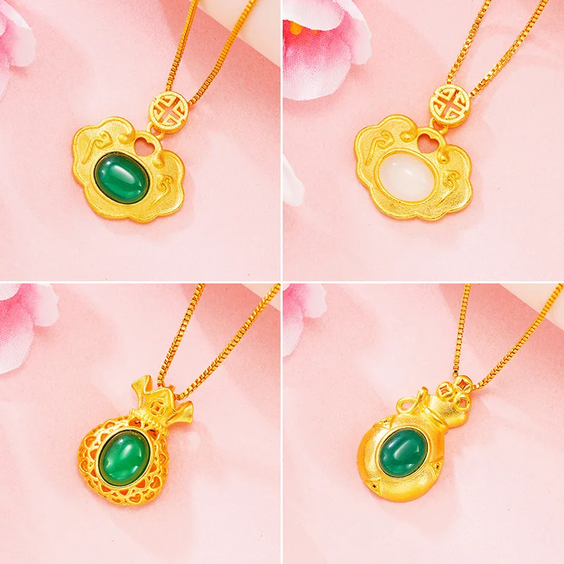 

Pendant Necklaces for Women Imitation Jade 24K Gold Plated Women Necklaces Lock Money Bag Party Inniversary Necklaces Jewelry