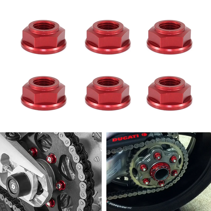 For Ducati 748 749 848 916 996 998 999 600SS 750SS 900SS M10*1.25 6 Pcs Rear Sprocket Wheel Axle Nuts CNC Aluminum T6-7075