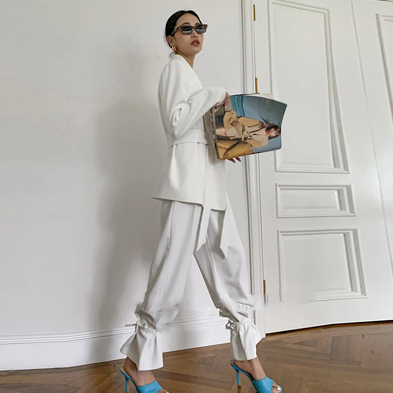 Korea Belt Drawstring Casual Women's Set Women 2020 Summer Tide Fashion Personality Turn Down Collar Long Sleeve New ZP1231