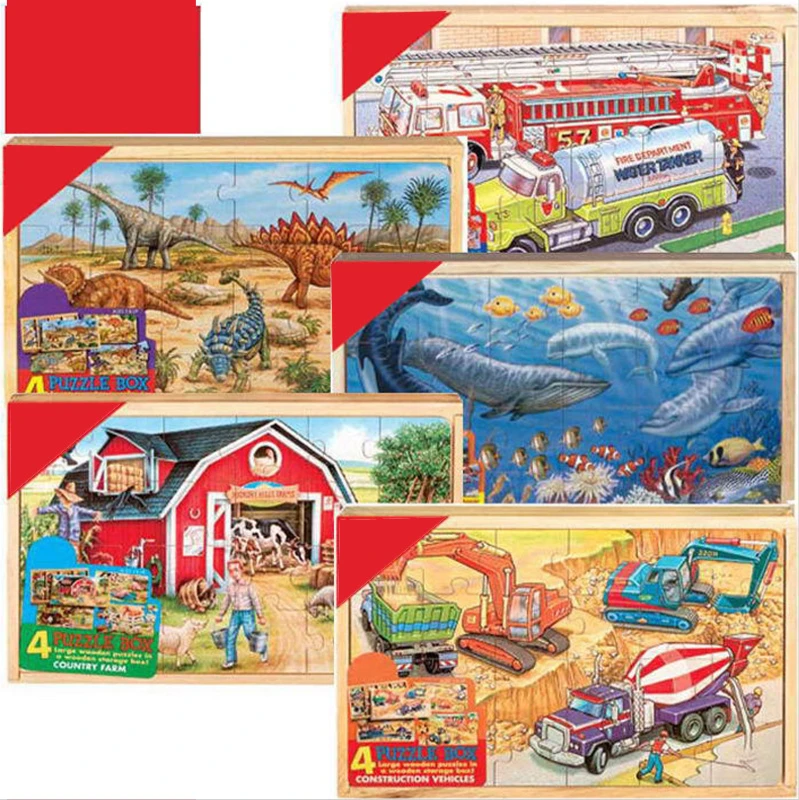

24 Pieces Four In One Wooden Jigsaw Puzzle Toy Cartoon Animal Educational Children Toys Montessori Early Learning Jigsaw Puzzle