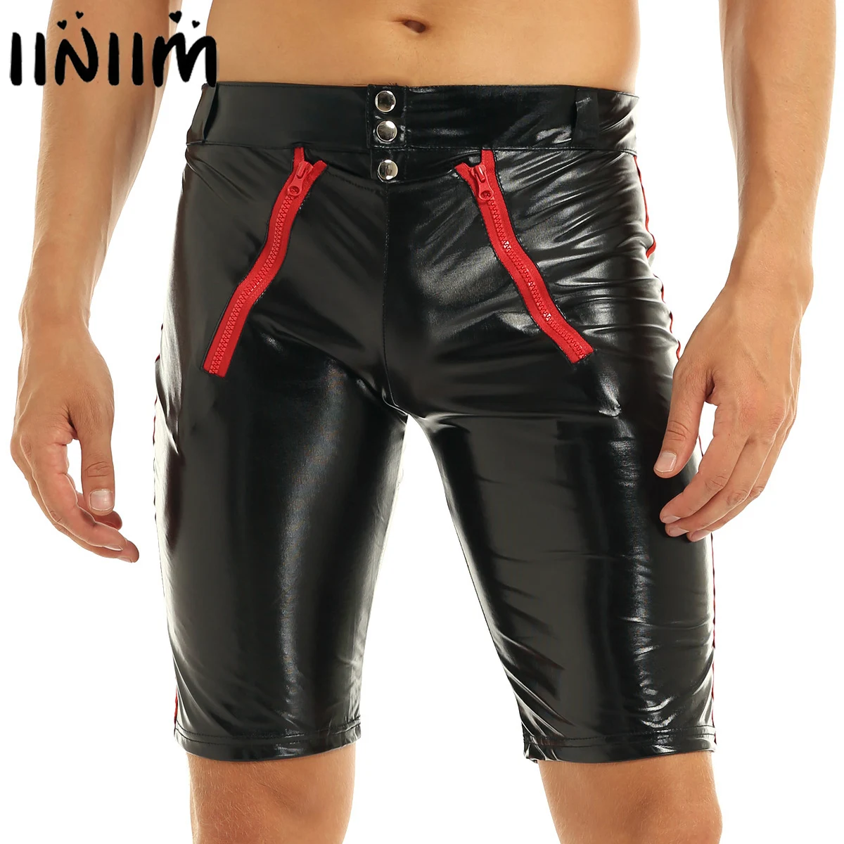 Iiniim, сексуальные мужские, лакированная кожа, Wetlook, мото, сексуальные, боксеры, нижнее белье-шорты, открытая, с молнией, для вечеринок, Клубная одежда, шорты