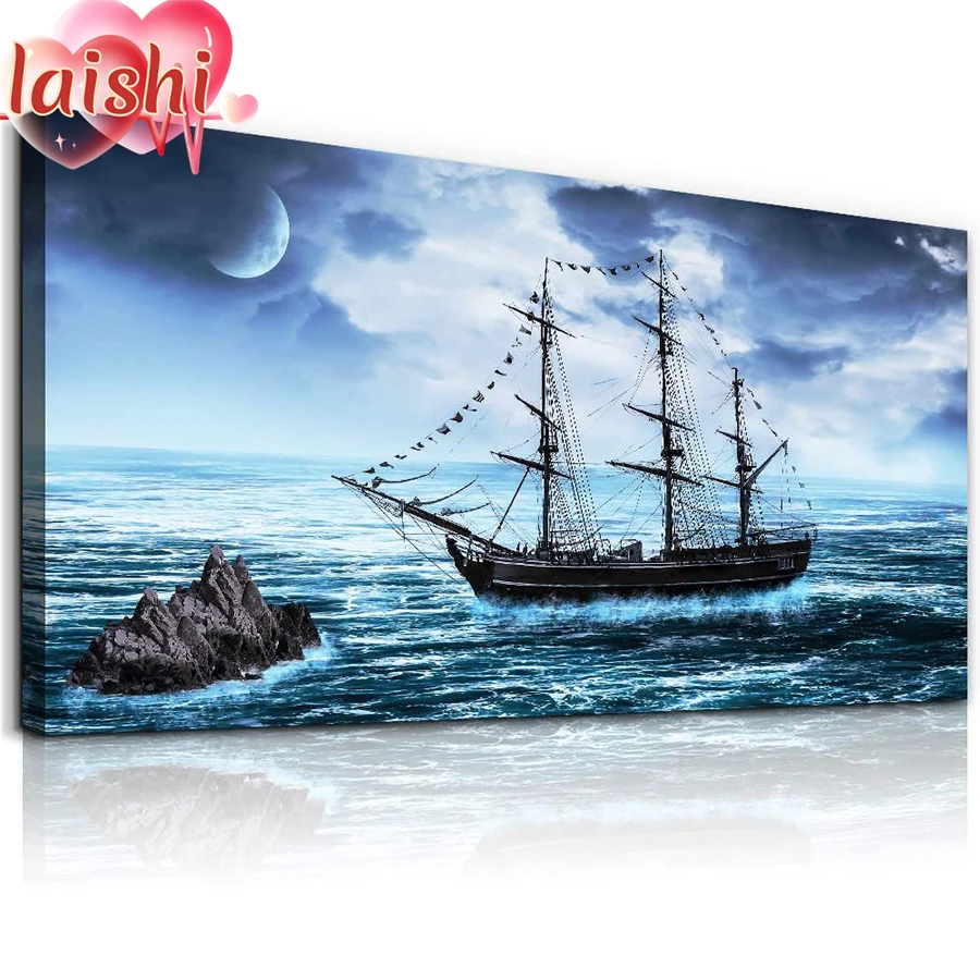 

5D DIY Sea landscape, sailboat Round Drill Diamond Painting Cross Stitch 3D Diamond Art Embroidery Diamond Mosaic Decor Gift