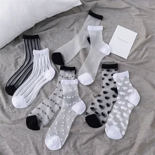 Sexy Lace Mesh Transparent Women Socks Summer Fashion Japanese Cute Elasticity Silk Sock For Ladies Black White Socks New
