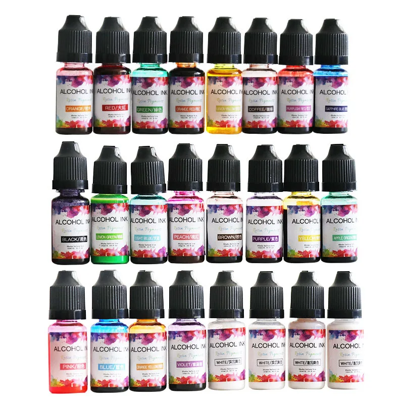 24 Colors 10ML Art Ink Alcohol Resin Pigment Kit Liquid Resin Colorant Dye Ink Diffusion UV Epoxy Resin Jewelry Making