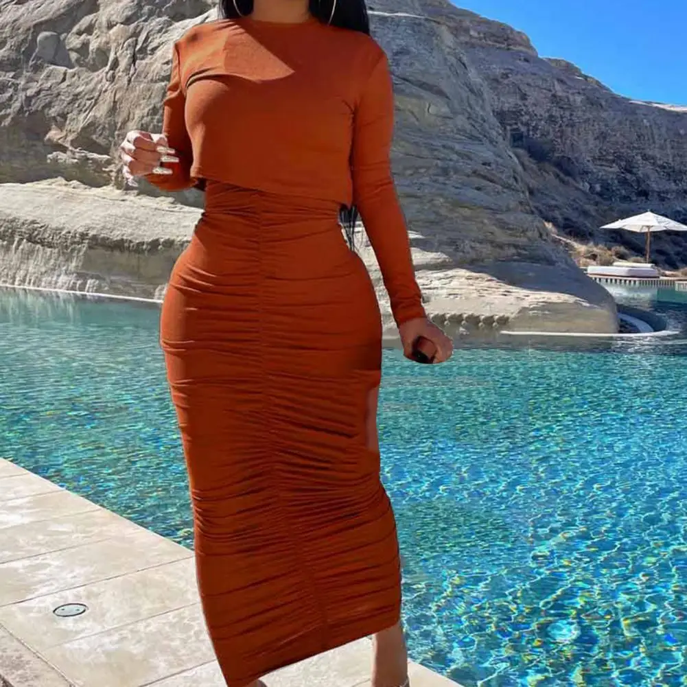 

Women Dress Solid Color Two Piece Ruched Dress Set Long Sleeve Crop Top & Casual Maxi Skirt Set for Autumn Winter