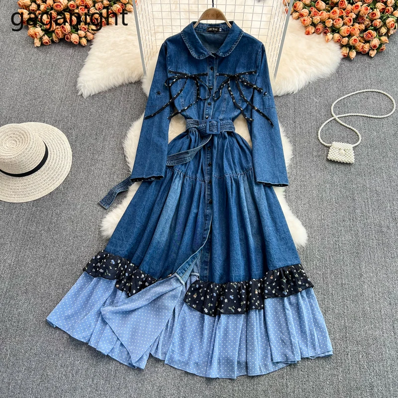 

Gaganight Women Denim Stitching Dress 2021 Spring and Autumn New Retro Long Sleeve Waist Thinning Lace-up Ruffled Swing Dresses