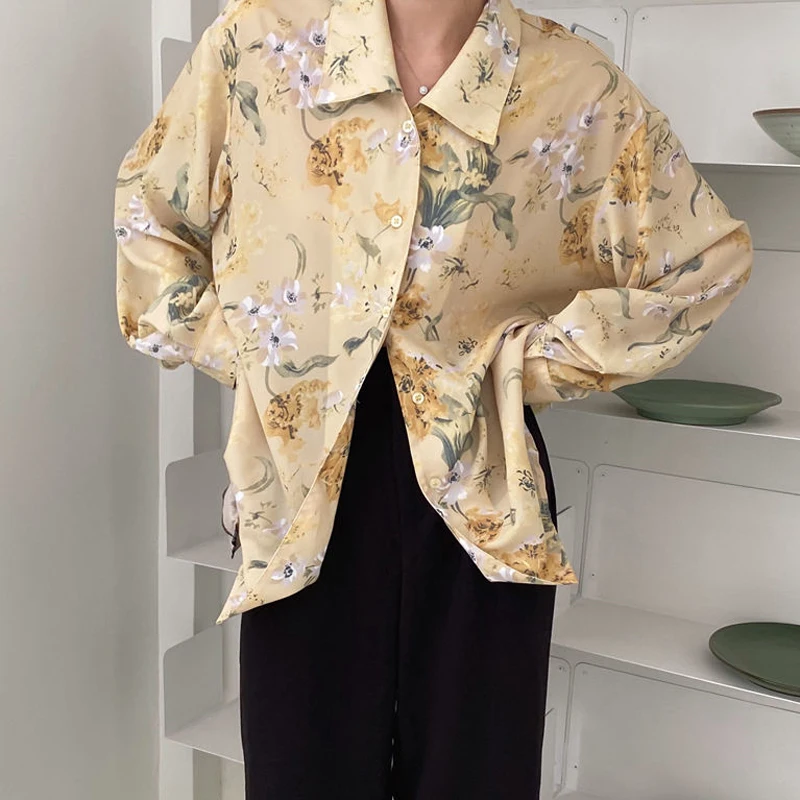 BGTEEVER Yellow Chiffon Blouses for Women Single-breasted Loose Floral Print Shirts Tops Female 2020 Causal Spring Femme | Женская