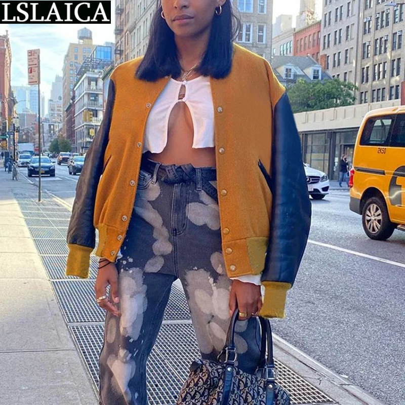 

Women Clothing Patchwork Long Sleeve Fashion New Arrival Leather Jacket Button Pocket Streetwear Casual Plus Size Mujer Chaqueta