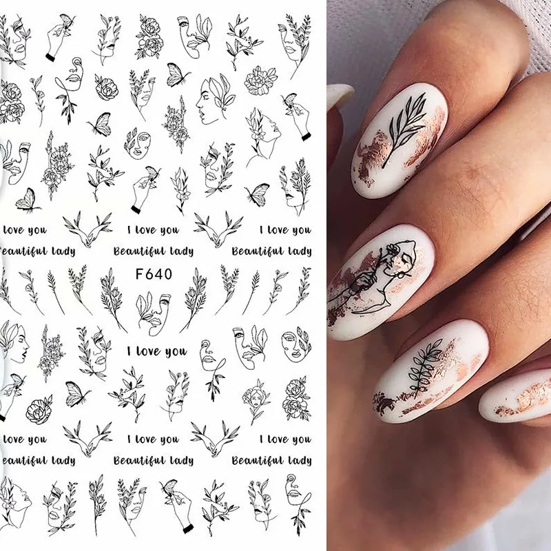 

Hot Mother's Day Series Nail 3D Nail Stickers Ins Retro Facebook Black Line Nail Stickers Nail Decals Nail Art Decorations Nails