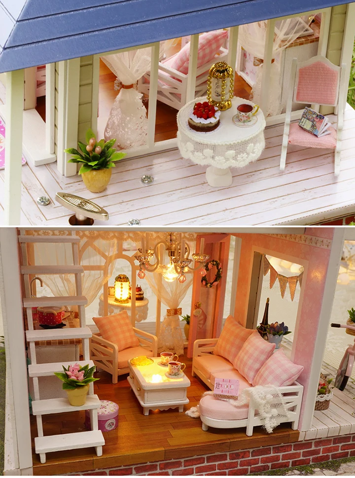 Muñeca casa miniatura DIY casa de muñecas con muebles de casa de madera juguetes para niños Regalo de Cumpleaños A066