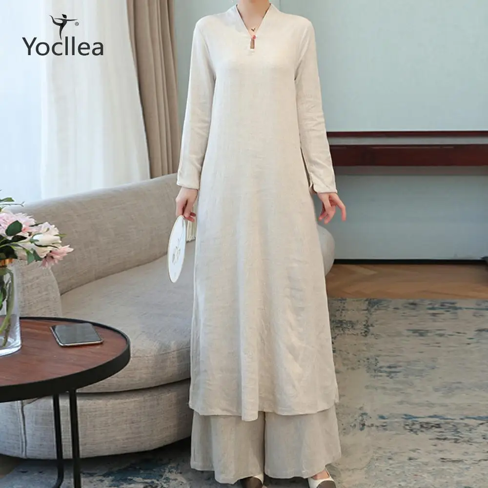 Комплект из двух частей хлопка и льна для женщин 2020 Новые широкие брюки с длинным