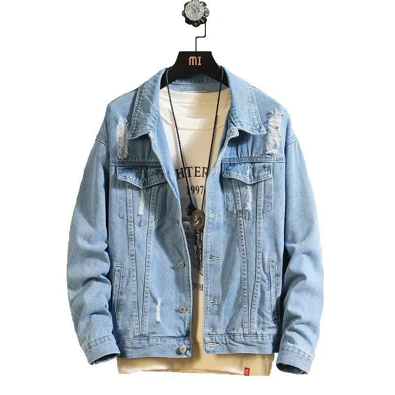 

2022 Autumn and Winter New Men's Jacket Fashion Casual Denim Jacket Men Plus size Blue Color Lapel Ripped Jean Jacket size M-4XL