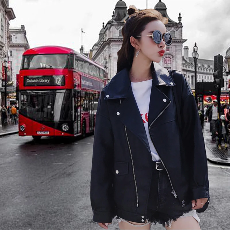 Женская Короткая кожаная куртка свободная в Корейском стиле модель L239 на весну и