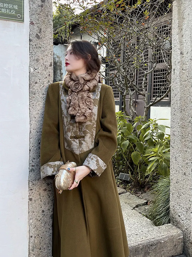 Новое желтое шерстяное пальто в китайском стиле с листочками женское новое
