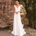 Женское атласное платье с поясом, элегантное простое платье с глубоким V-образным вырезом, открытой спиной, перьями, шлейфом, без рукавов, для свадебной церемонии, 2021