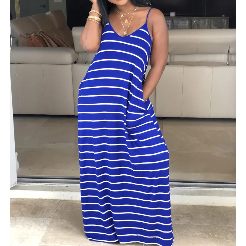 

Stripe Casual Summer Dress Women V Neck Spaghetti Strap Loose Bohemian Fashion Beach Long Maxi Dress