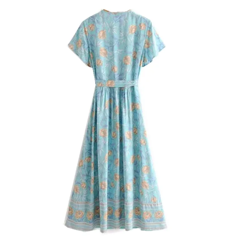 Женское летнее платье с запахом длинное V-образным вырезом цветочным принтом