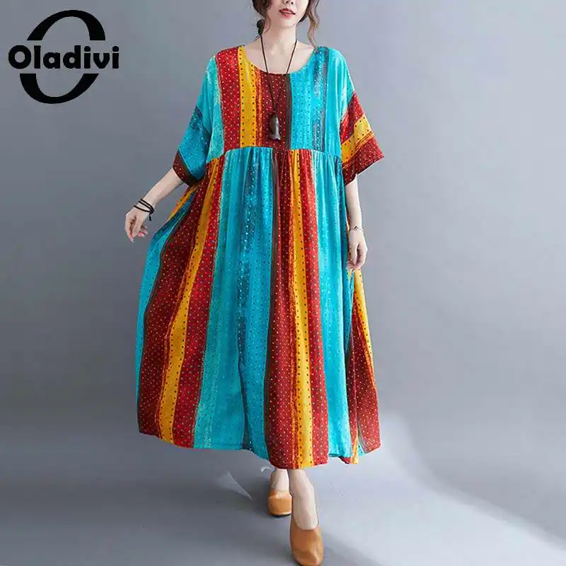 

Oladivi длинное платье-макси в полоску большого размера в стиле бохо, Новинка лета 2021, пляжная одежда с коротким рукавом, богемные платья, женск...