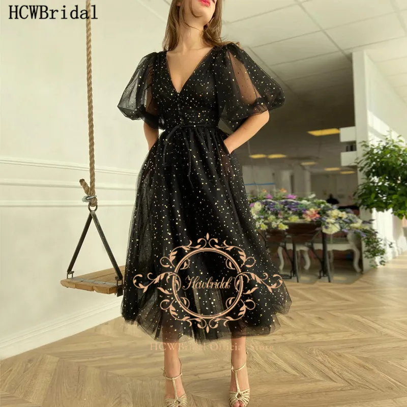 

Black Short Bling Prom Dresses V Neck A Line Shiny Star Wedding Party Dress With Half Sleeve New Women Formal Gowns Cheap