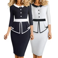 hot%ef%bc%8134 sleeve ruffles patchwork formal dress buttons decor o neck knee length bodycon christmas casual dresses for women 2021