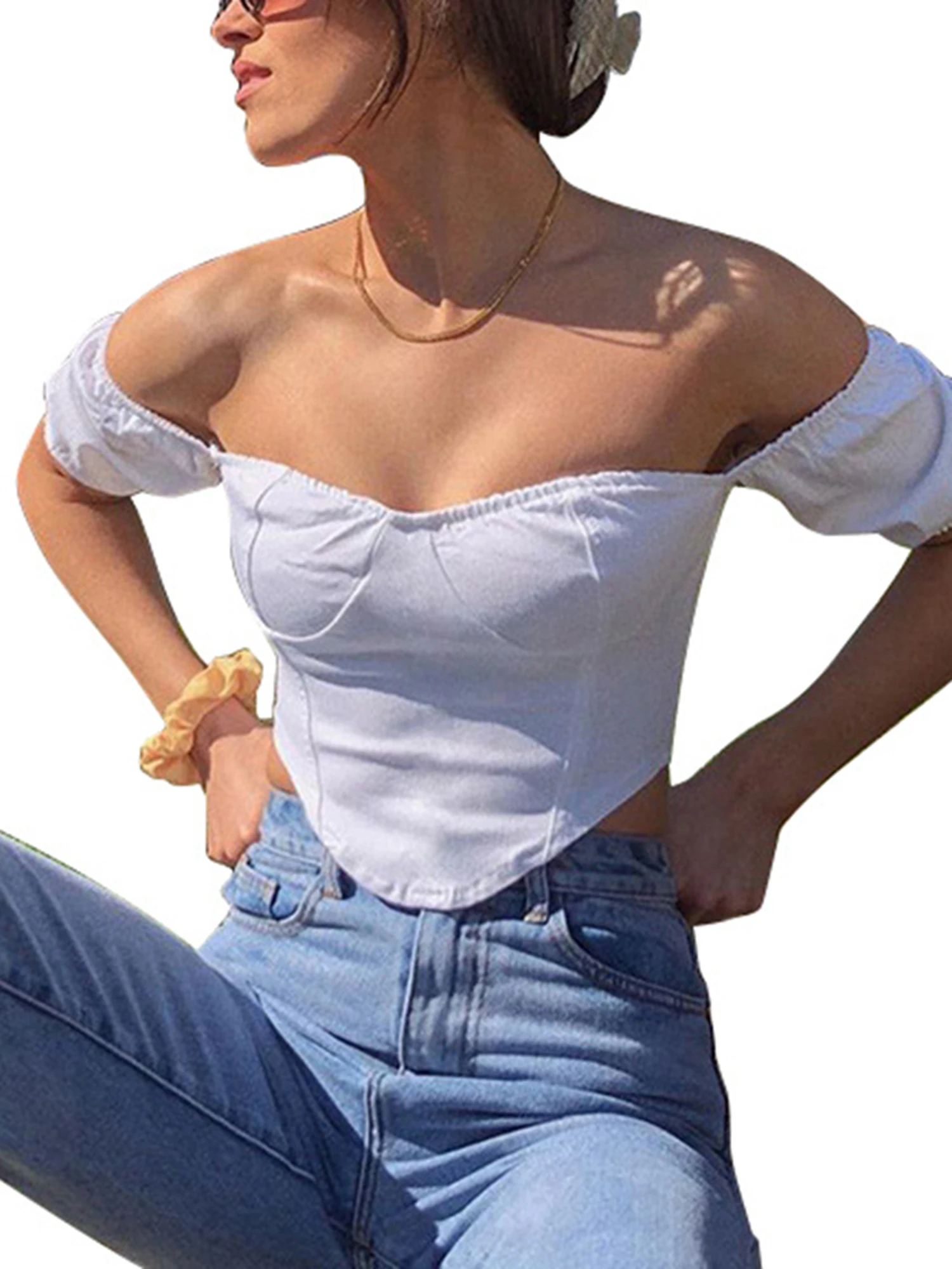 

Женский топ с открытыми плечами и пышными рукавами, облегающая Однотонная футболка в дворцовом ретро-стиле, модная короткая уличная одежда