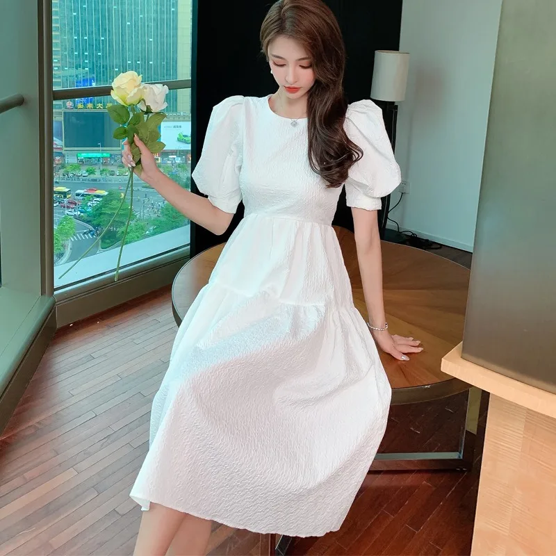 

Женский Шифоновый Сарафан средней длины, белое пляжное платье в Корейском стиле, винтажное однотонное платье в стиле Хепберн, элегантное об...