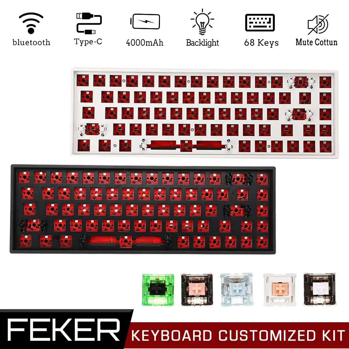 

FEKER 68 Keys Hotswap DIY Keyboard Customized Kit Triple Mode bluetooth 2.4Ghz NKRO Backlit Mute Cotton Mechanical Keyboard Kit