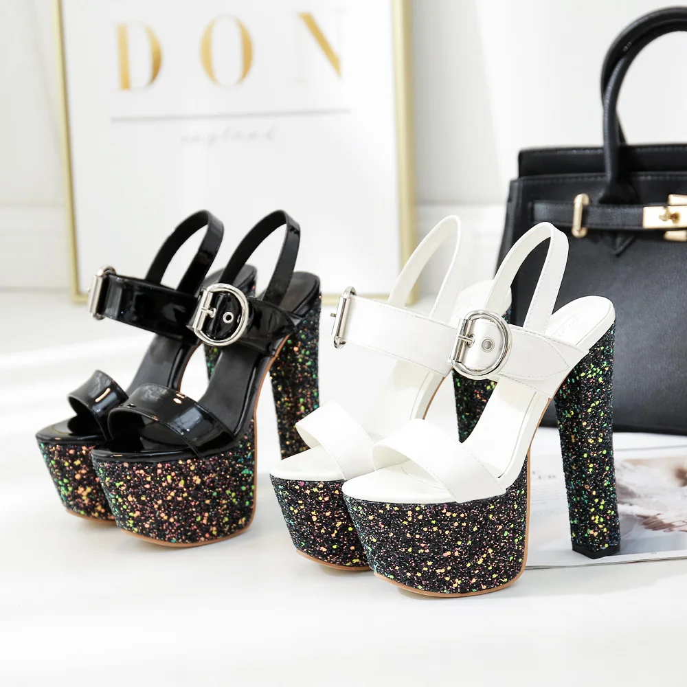 

Super 17CM high heels thick heel sandals women 2020 summer new fish mouth waterproof platform sequins super high