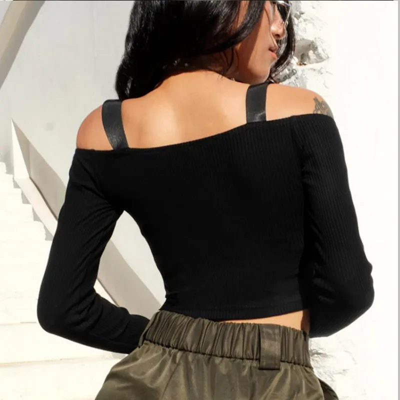 Сексуальная Повседневная футболка с открытыми плечами и длинным рукавом топ на