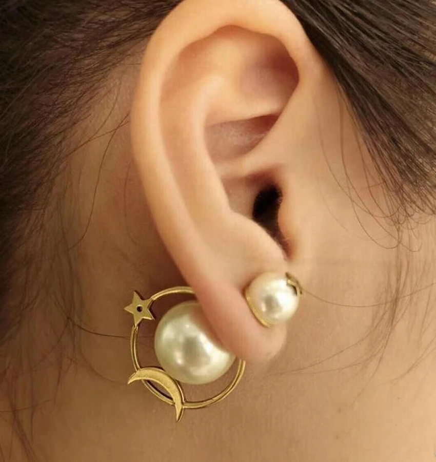

Fashion Designer Jewelry Asymmetric Pearl Stars Moon Charm Earrings Studs For Women Lady Wedding Party Jewelry