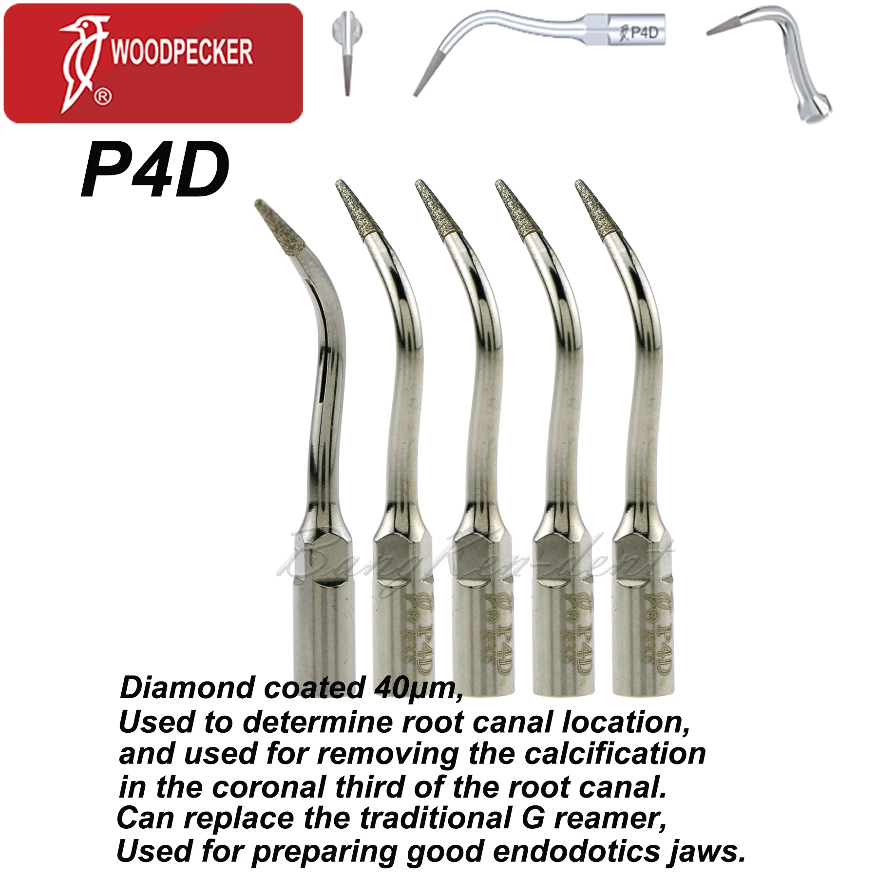 Woodpecker Dental Ultrasonic Scaler Diamond Tips Fit EMS UDS Preparing Endodontics Removing Calcification Scaling P4D 5pcs