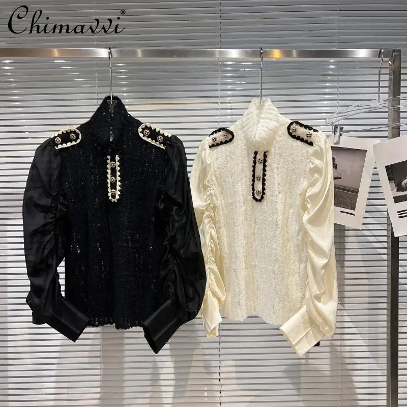 

Новинка 2021, зимняя одежда, модная Ретро-рубашка с металлической пряжкой и плечевым ремнем, универсальная вязаная рубашка с пышными рукавами