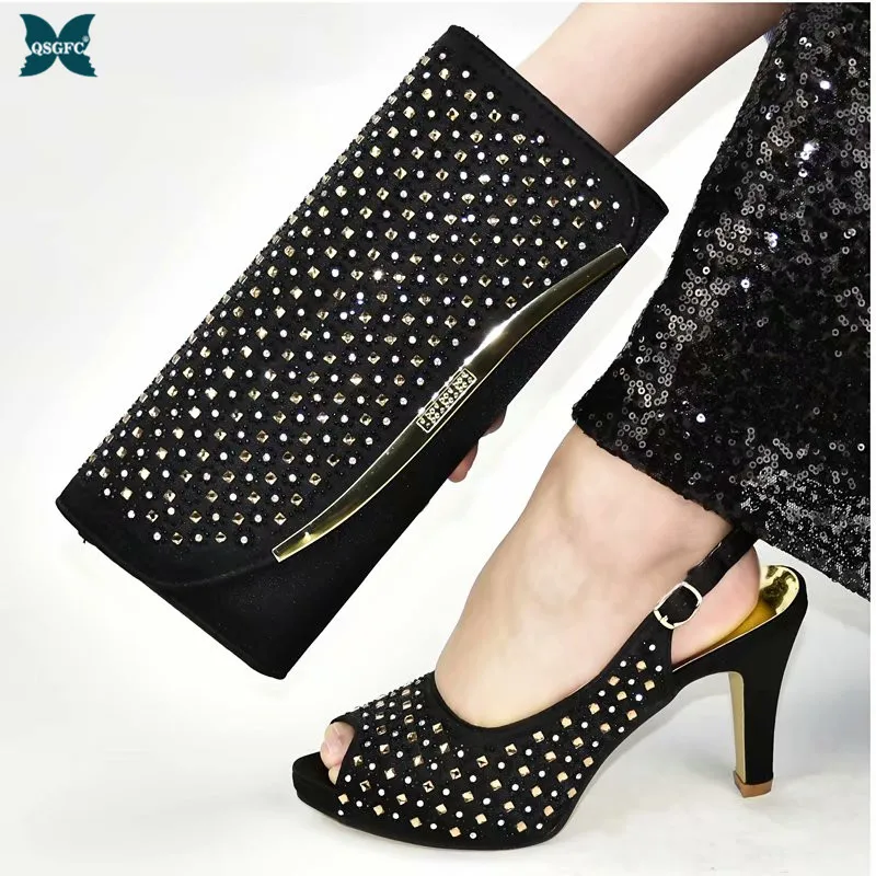 

New Arrival Italian Design Black Color Shoes with Matching Bags Set Fashion Elegant African Shoes and Bags Matching Set