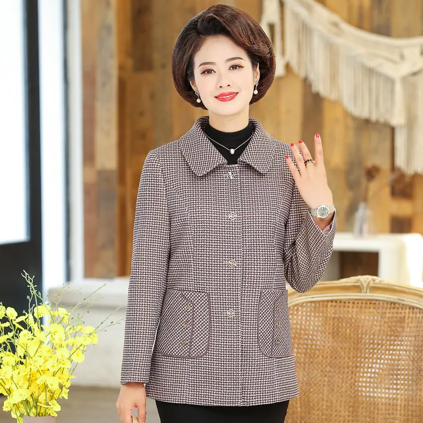 

Mature Women Tweed Coat Early Winter Autumn Plaid Blend Peacoat Middle Aged Ladies Checked Pattern Wool Jacket Mother Overcoat