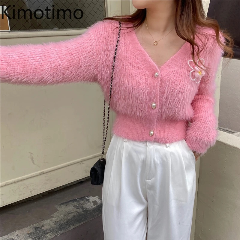 

Кардиган Kimotimo Женский трикотажный с цветочным принтом, шикарный укороченный свитер с V-образным вырезом в Корейском стиле, универсальный То...