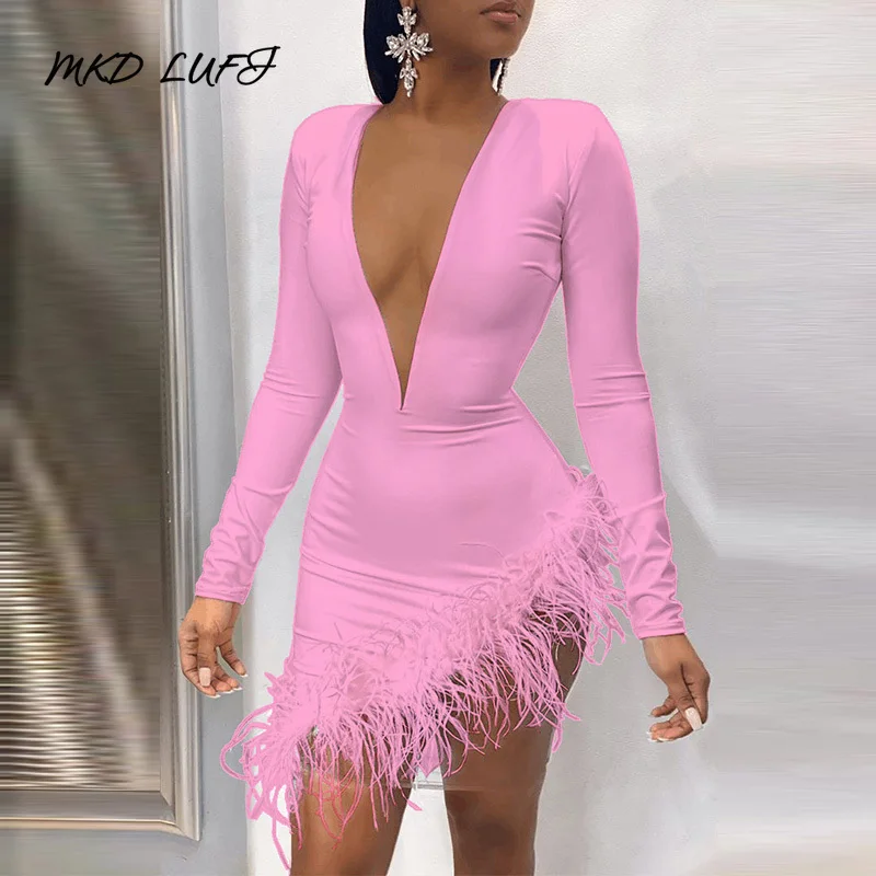 

Sexy Plunge Fluffy Feather Design Irregular Party Dress Women Deep V Neck Asymmetrical Mini Club Dress