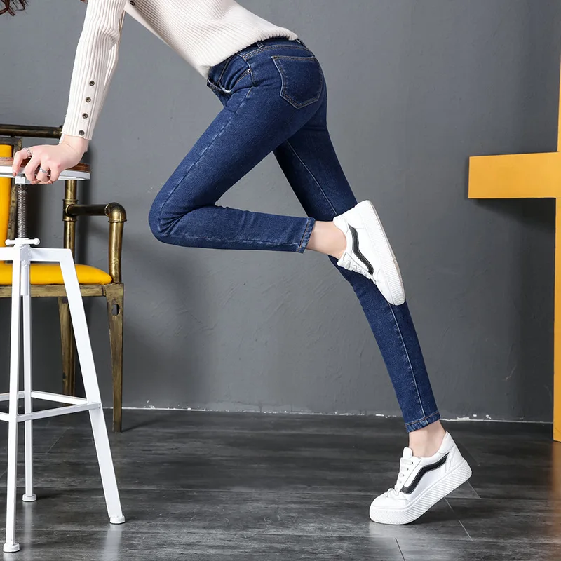 Newest Winter Fleece Slim Fit Jeans Women Ladies Wild Solid Color Stretch High Waist Casual Keep Warm Denim Pants Trousers